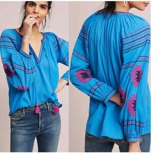 Maeve Anthropologie Blue Embroidered Peasant Boho Tassel Sleeve Top Size Small